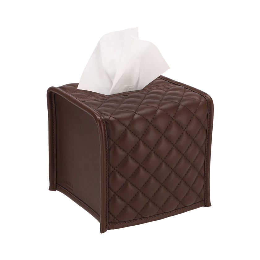 SQ QUILTED PADDED LEATHER TISSUE BOX COVER CHOCO