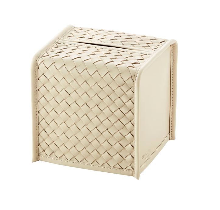 SQ HAND WOVEN LEATHER TISSUE BOX COVER AVORIO