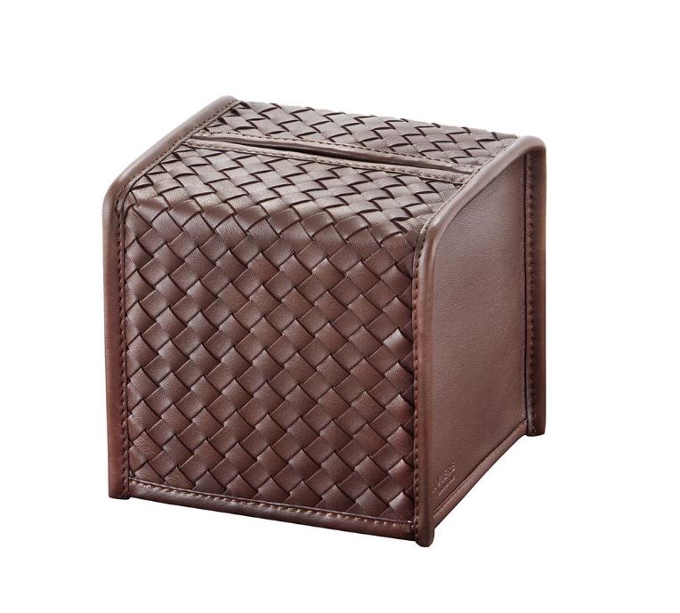 SQ HAND WOVEN LEATHER TISSUE BOX COVER CHOCO