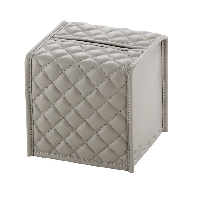 SQ QUILTED PADDED LEATHER TISSUE BOX COVER GREY