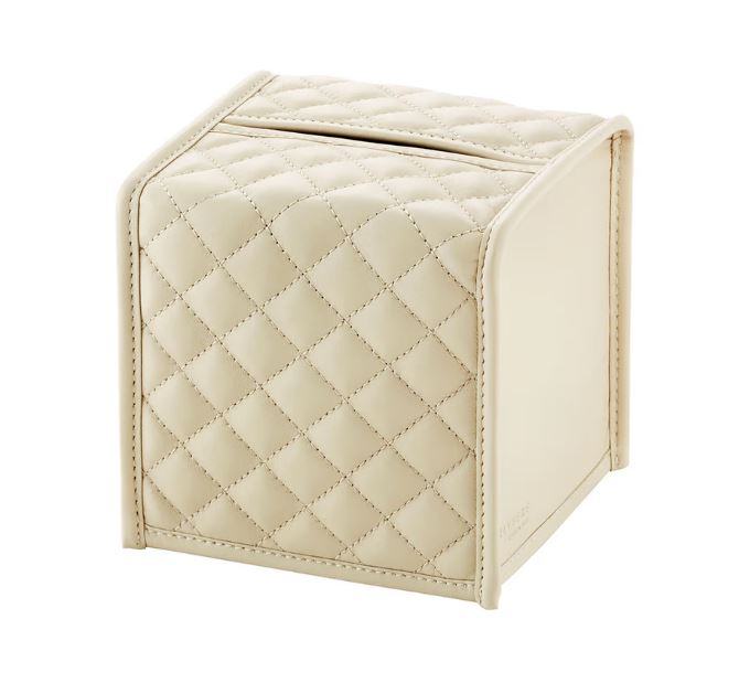 SQ QUILTED PADDED LEATHER TISSUE BOX COVER AVORIO