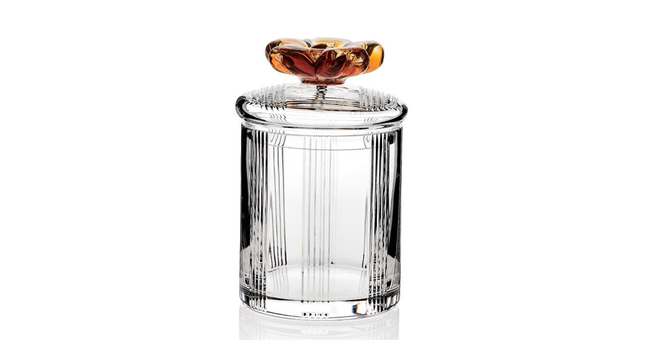 Cylindrical tall box w/lid and amber flower