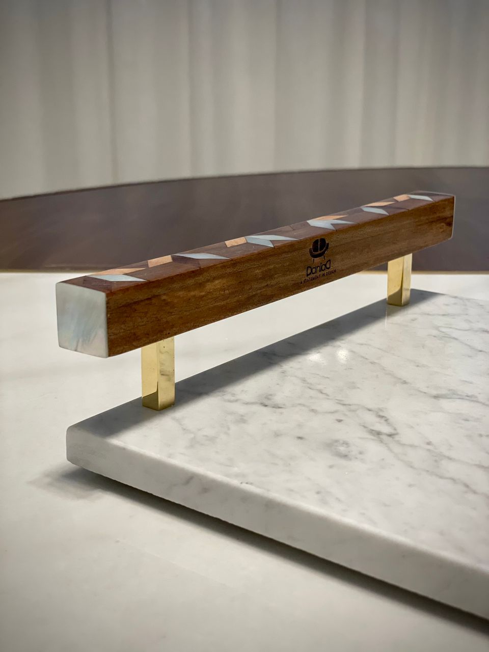 white marble tray with wood & mother of pearl handles