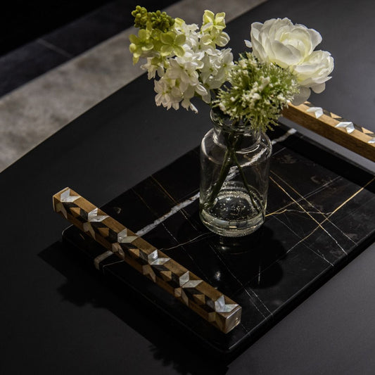 Gray marble tray with wood & mother of pearl handles