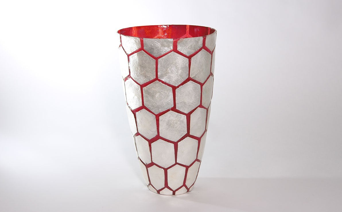 Mother of Pearl Honeycomb Red White Vase